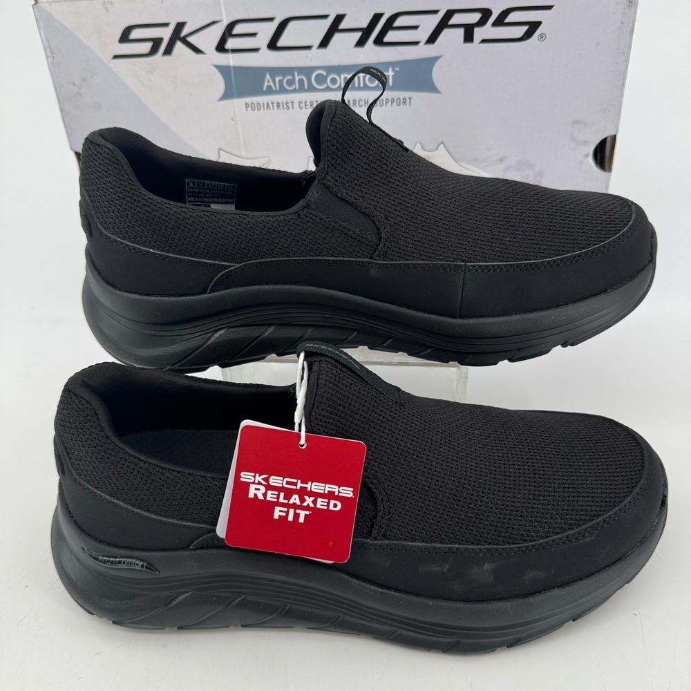 Skechers Mens Arch Comfort Flex Black Slip On Sneakers 66751S Relaxed Fit Size 8